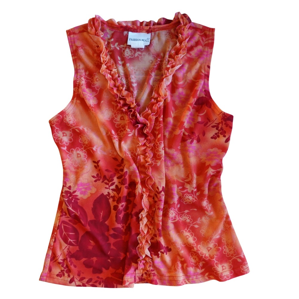 Vintage Y2K Fairy Sheer Mesh Floral Sleeveless Ruffle Top Womens L Red Pink Boho